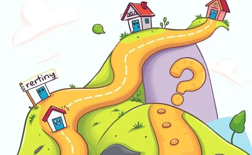 Cartoon-style roadmap showing different paths like renting, owning, and a question mark path.