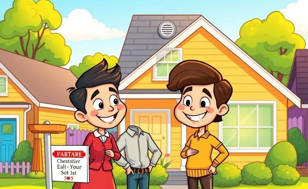 A cartoon-style depiction of a couple inspecting a rental property.