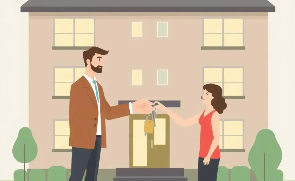 Landlord handing keys to new tenants in front of an apartment building
