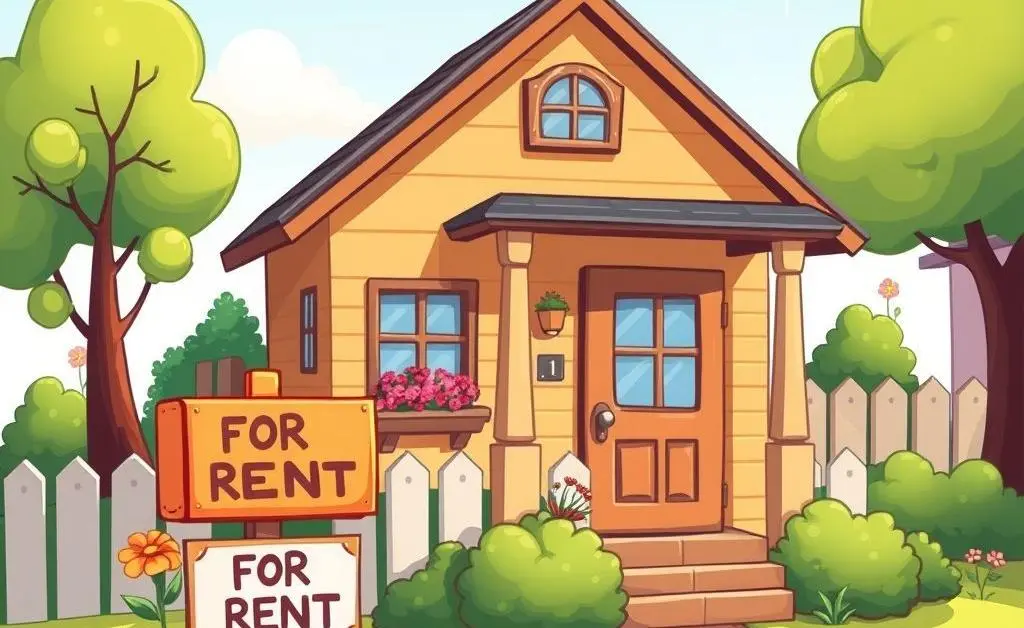 Cartoon depiction of a cozy rental property with a 'For Rent' sign in the yard.