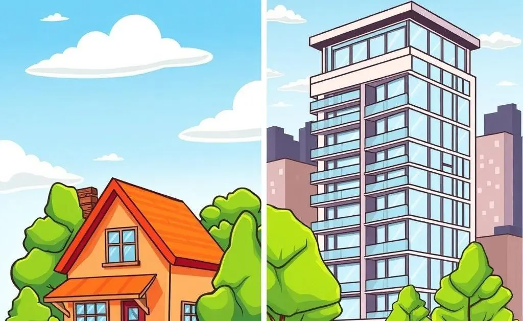 Cartoon-style split image showing a house and an apartment