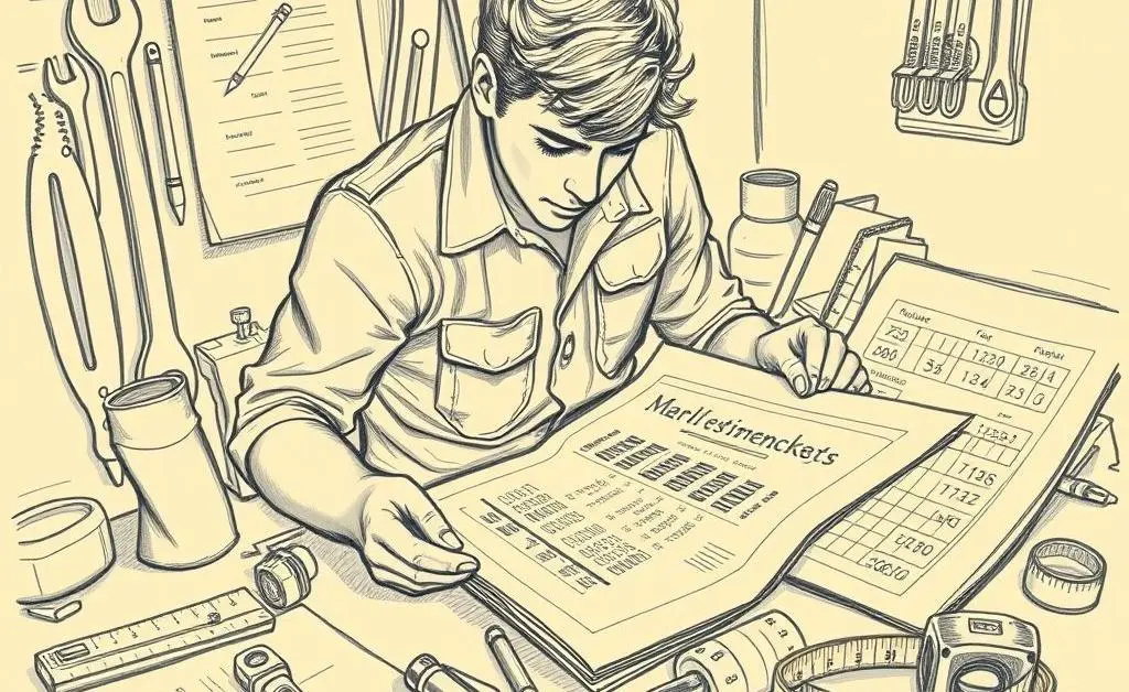 A person calculating repair costs with tools and papers