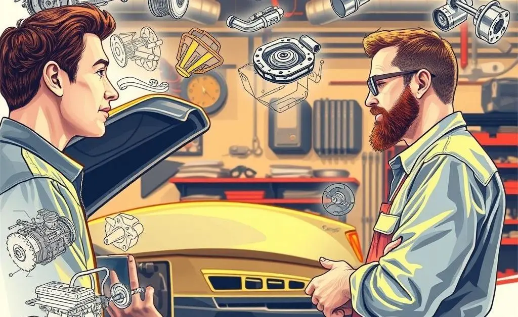 Customer talking to mechanic at repair shop