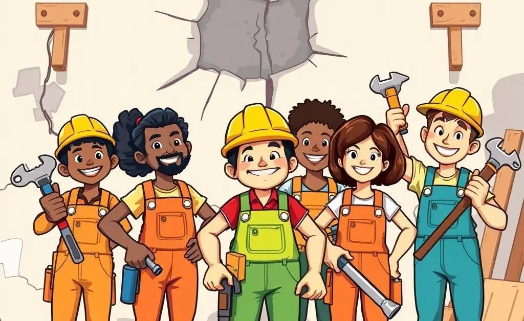 A cartoon-style image of a diverse repair team, complete with tools, ready to fix a wall.