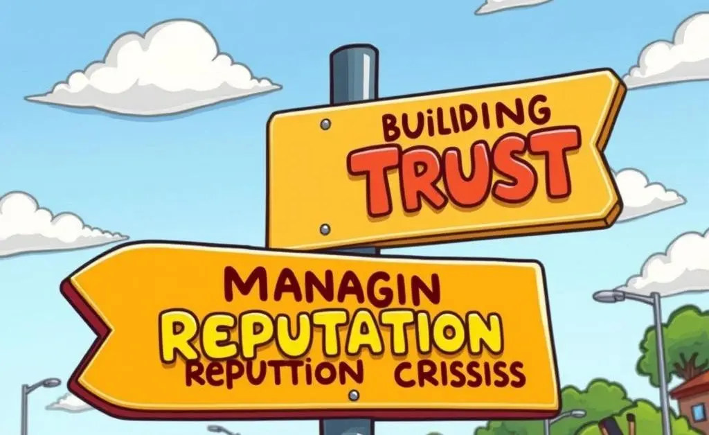 A cartoon-style road sign with arrows pointing at 'Building Trust' and 'Managing Reputation Crisis'.