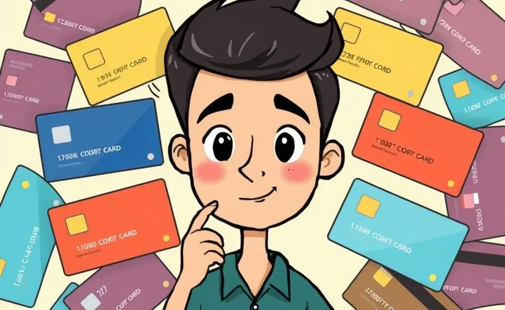 A person surrounded by credit card options with a thinking pose
