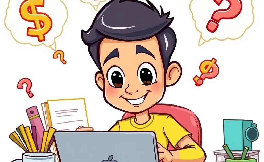 A cartoon-styled illustration of a person researching car insurance on a laptop.