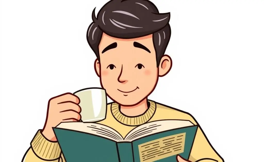 Person reading an investment book while drinking coffee