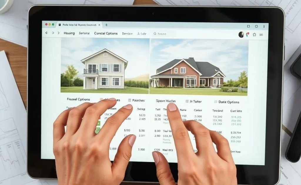 Person researching housing online with notes and graphs
