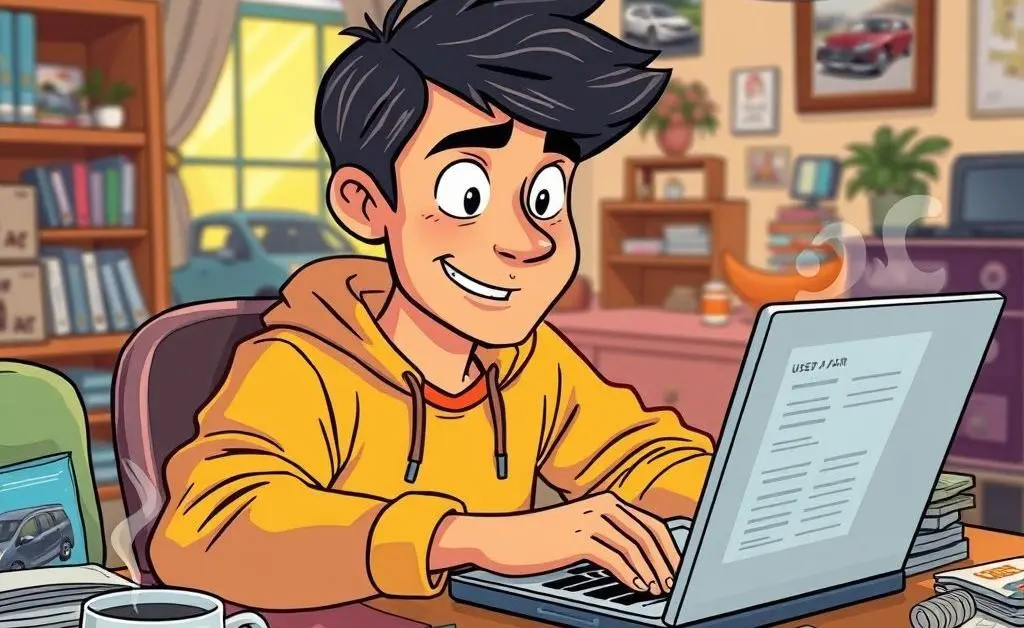 A cartoon-style image of a person researching used cars on a laptop with notes and coffee on the table.