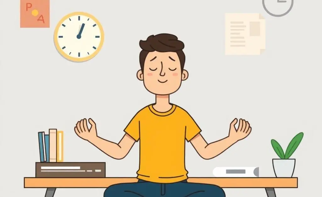 Someone meditating at their workstation, symbolizing resilience.