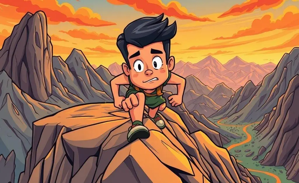 A cartoon of a person climbing up a steep hill with determination.