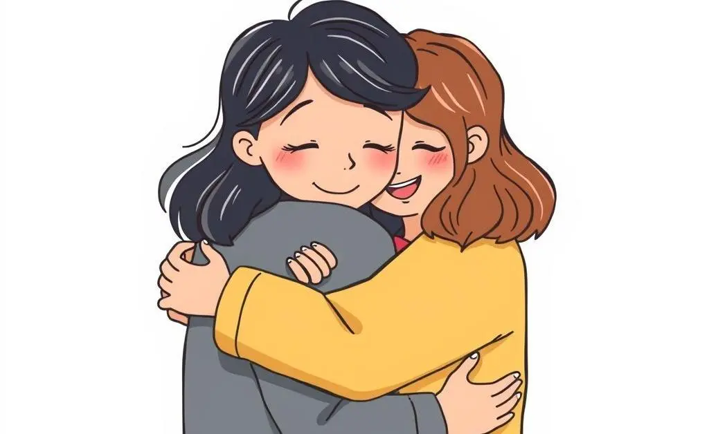 Illustration of two friends sharing a comforting hug, signifying support.