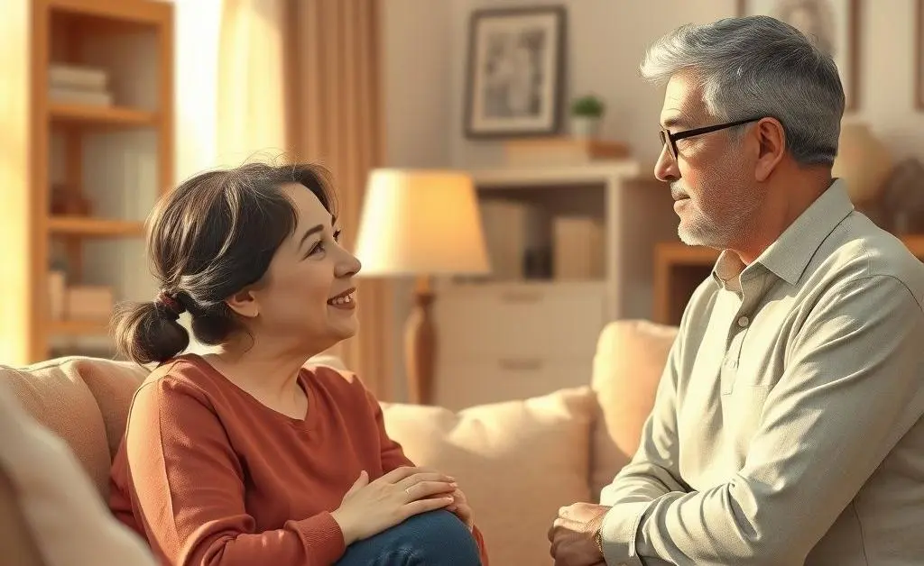 A parent speaking respectfully and calmly to their adult child.