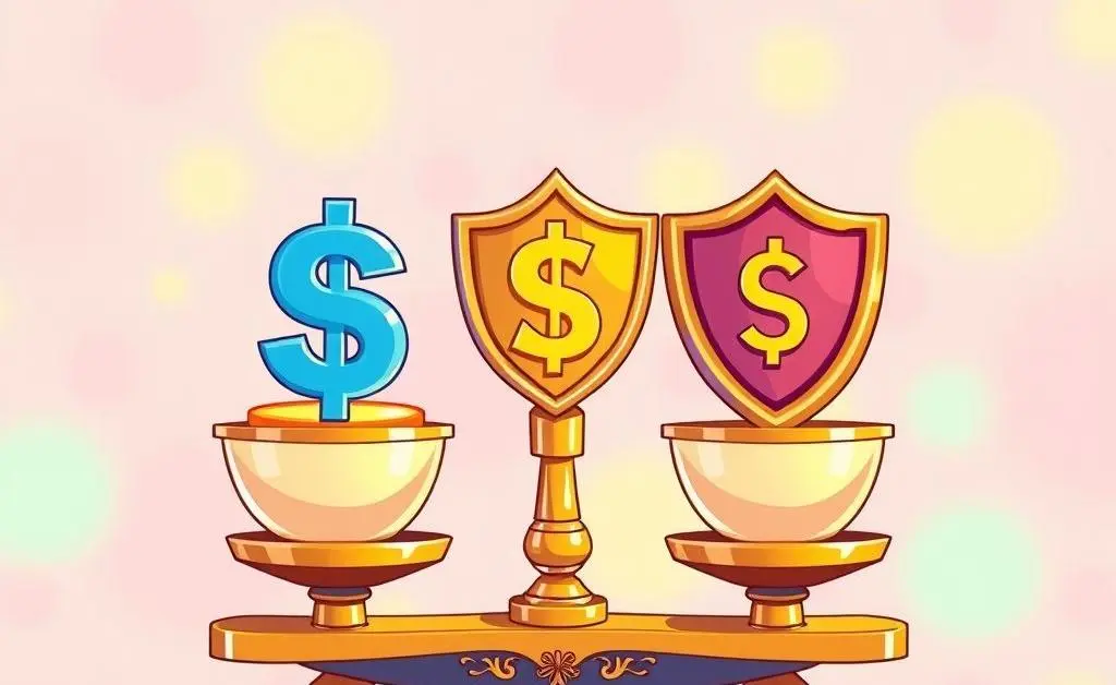 A cartoon-style image representing financial balance with ethical and profitable symbols balancing on a scale.