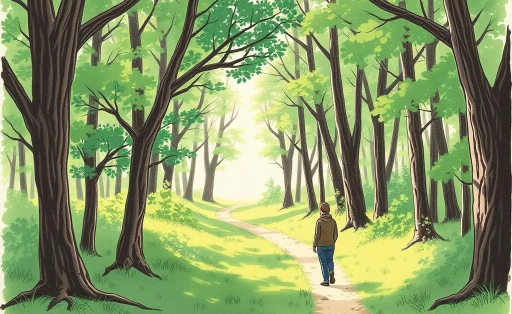 A person walking through a lush forest path, surrounded by trees