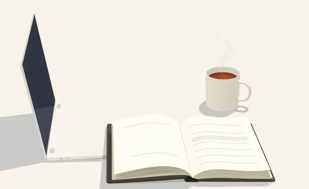 Illustration of a desk with a laptop, notebook, and coffee mug