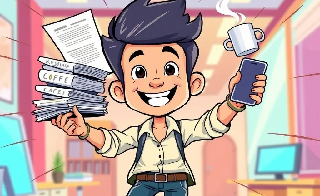 Person juggling resumes, coffee, and smartphone