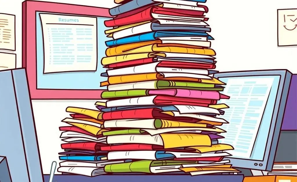 A cartoon pile of resumes on a desk with a computer and coffee.