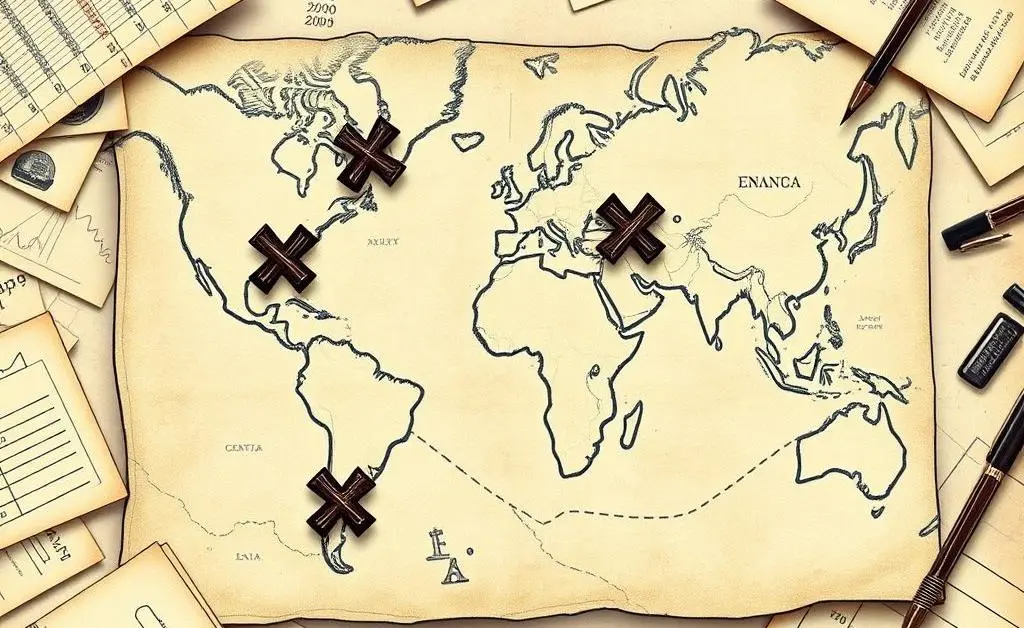 Map with financial documents and 'X' marks