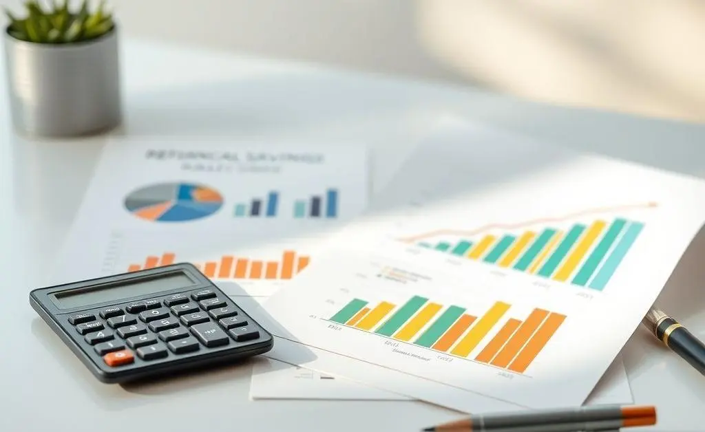 A calm scene with a financial planner's tools like a calculator, charts, and graphs depicting retirement benefits.