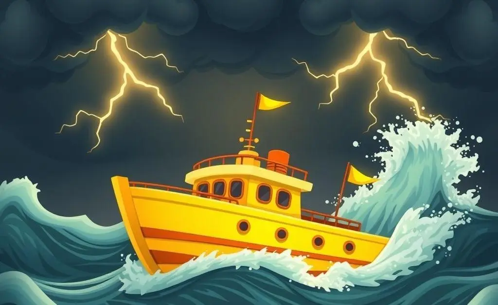 A calm cartoon boat navigating stormy weather, representing financial stability despite market fluctuations.