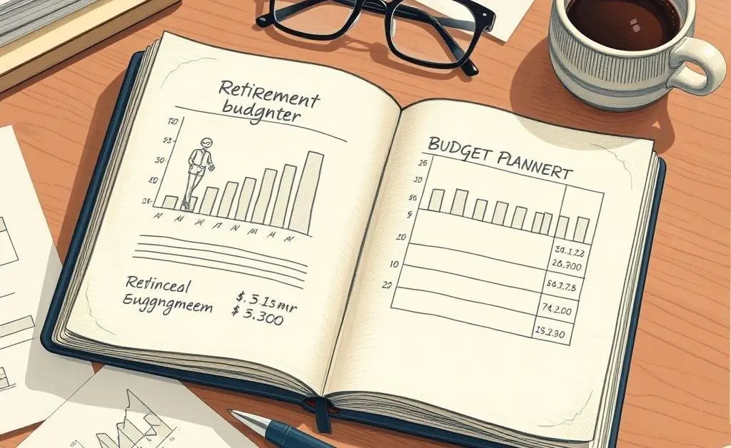 Retirement budget planner on a desk with charts.