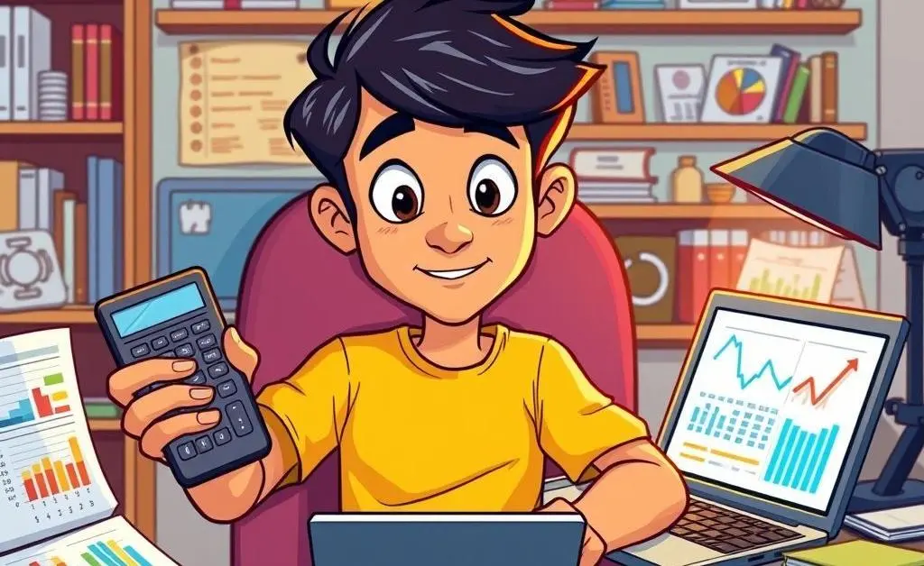 Cartoon image of a person at a desk with budget planners and calculator