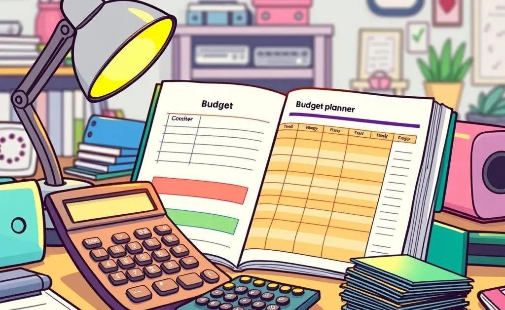 A desk with a retirement budget planner.