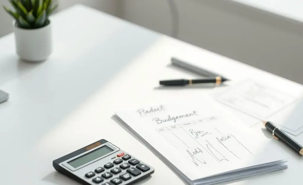 A financial planner's desk with a calculator, budget sheets, and note-taking materials.