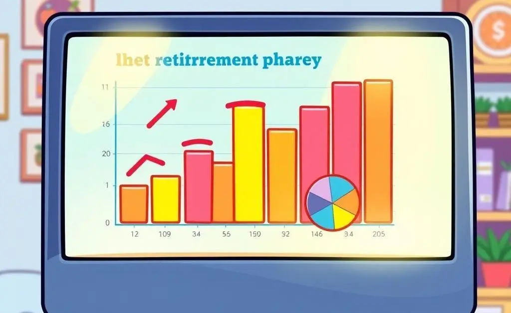 Cartoon-style image of a computer screen displaying a colorful retirement calculator chart.