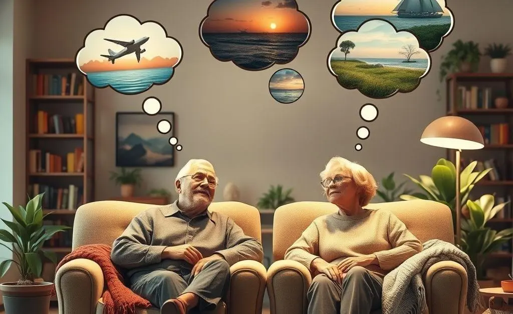 A cozy living room scene with a couple dreaming about retirement
