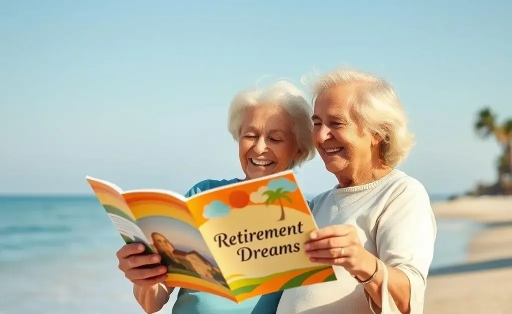 An older couple dream about retirement by the beach.