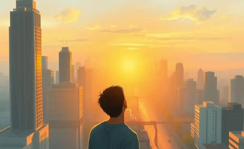 Person dreaming of retirement looking at a rising sun over a city.