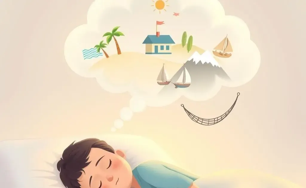 Illustration of a person dreaming about retirement goals depicted as icons in a cloud