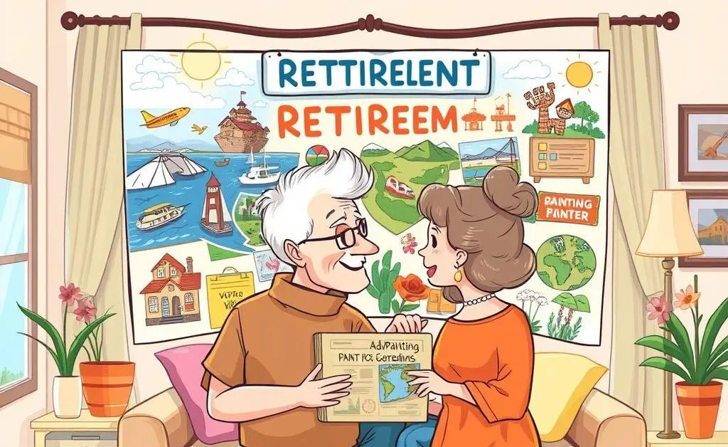 An illustration of a couple looking at a vision board with retirement activities