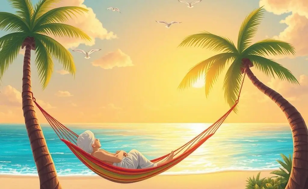A whimsical illustration of someone enjoying retirement on a beach.