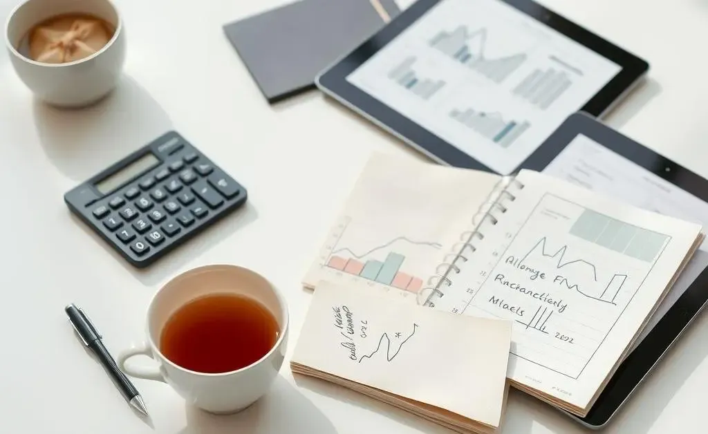 A minimalist desk setup with financial planning tools and a cup of tea