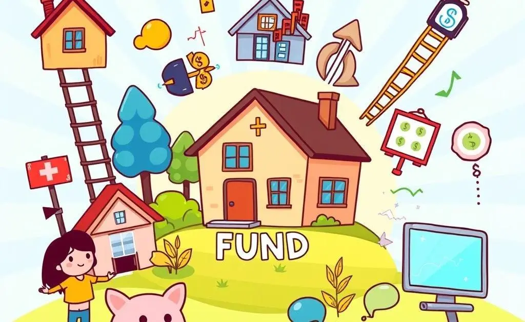 Cartoon-style image of various options surrounding a retirement fund, including a house and different investment possibilities.