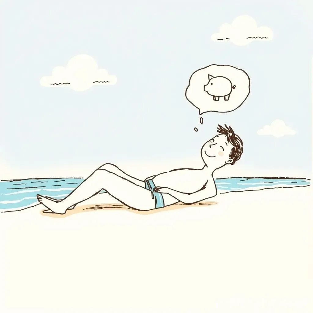 A person relaxing on a beach thinking about a piggy bank