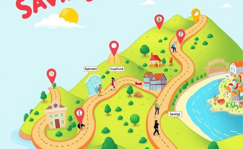 A cartoon-style map with various goals like 'Retirement', 'Travel Fund', and 'Emergency Savings', each marked with a pin.