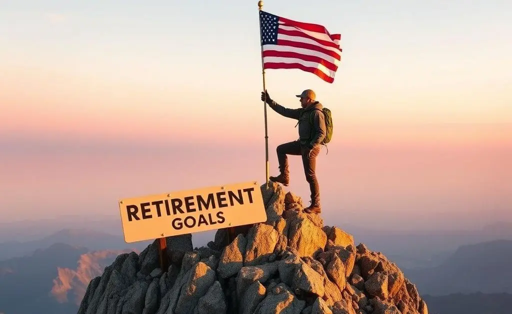 A person placing a flag on a mountain labeled 'Retirement Goals'