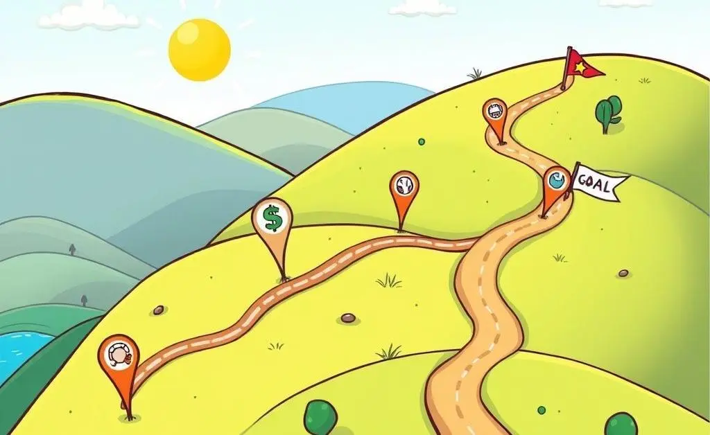 Cartoon of a map marked with retirement goals and milestones along a path.