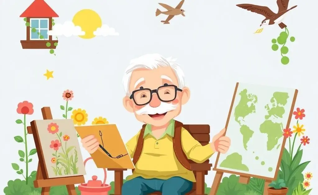 Cartoon-style depiction of a retired person enjoying various hobbies like gardening, painting, and traveling.