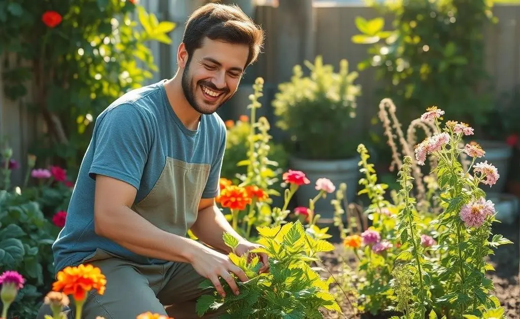 A person happily tending to a small garden, showcasing a leisurely hobby.