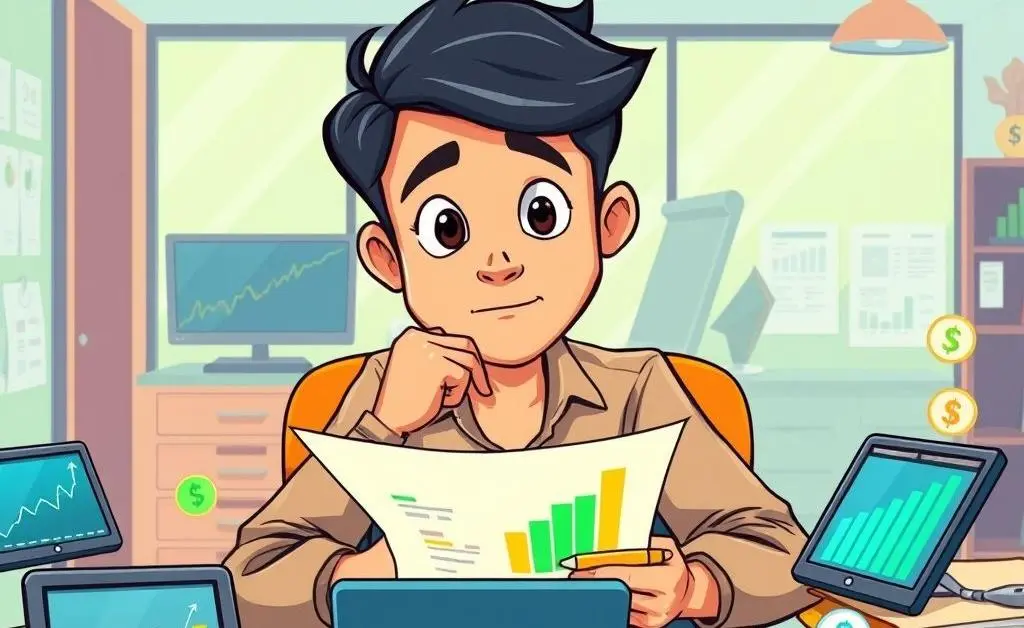 A person reviewing investment options with growth charts on a desk.