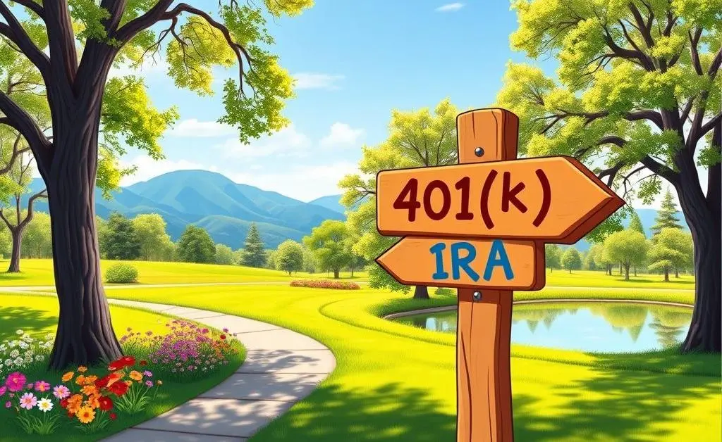 A cartoon-style signpost with arrows pointing to '401(k)' and 'IRA'.