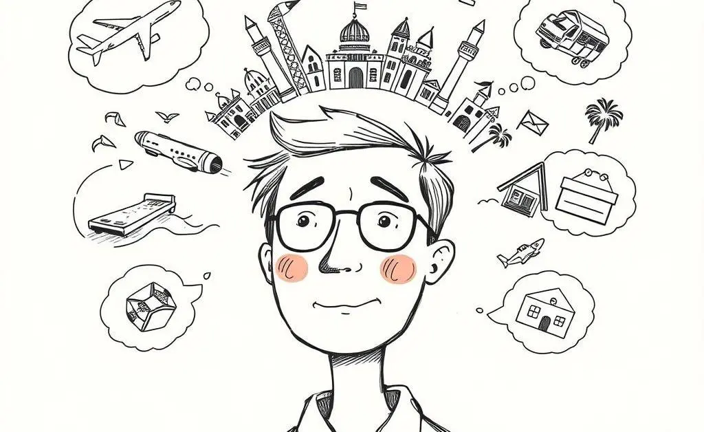 A person dreaming of retirement, with travel icons and relaxation symbols in thought bubbles