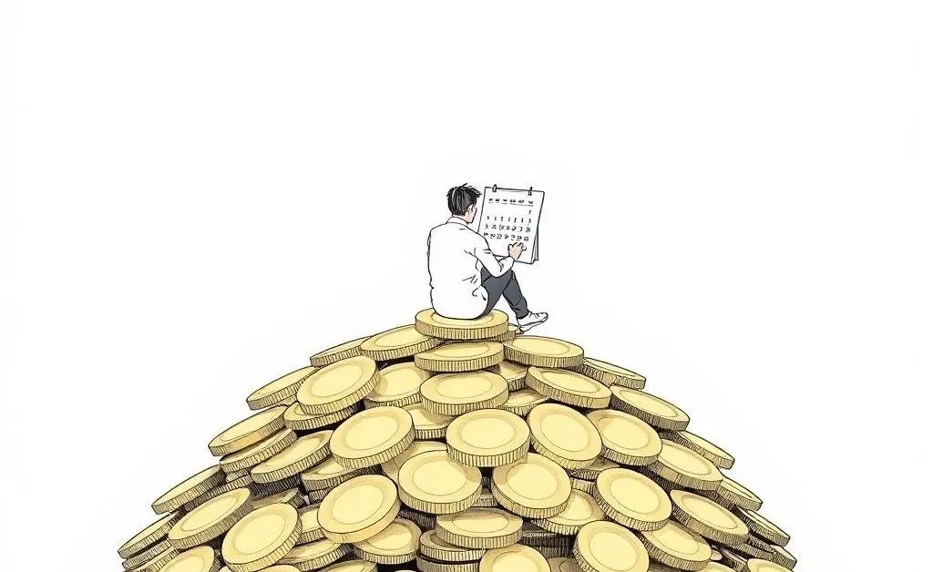 A modern minimalist drawing of a person sitting on a huge pile of coins, looking at a calendar.