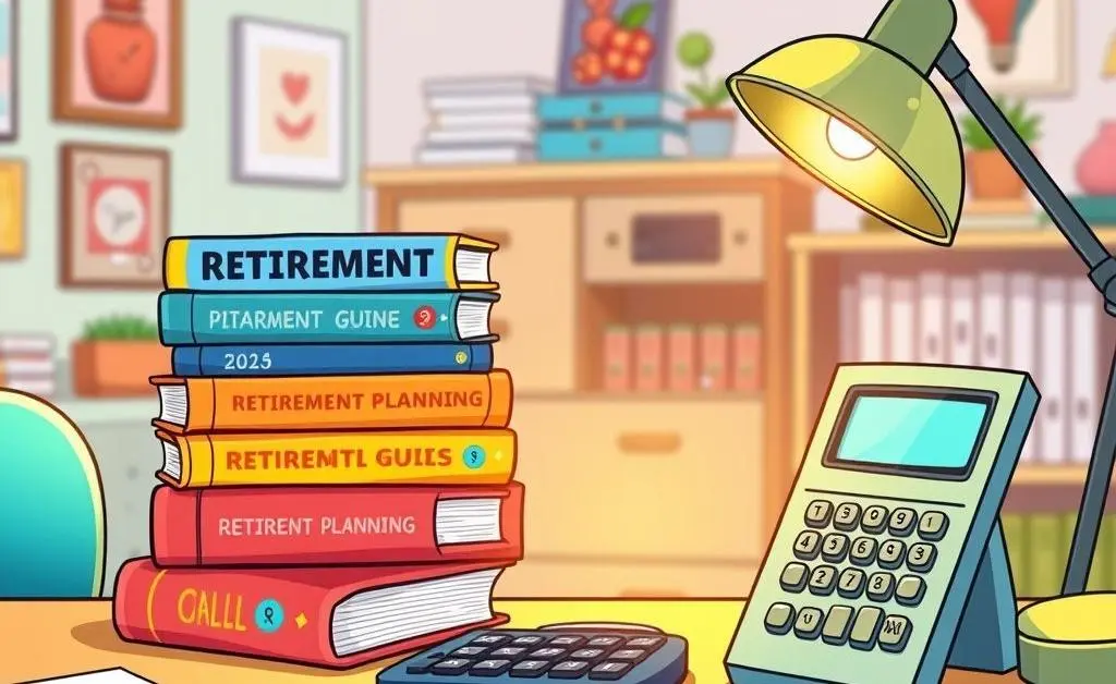 A cartoon-style desk setup with retirement planning books and a calculator.